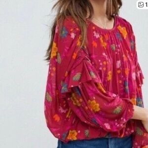 Free People Wildflower Honey Pink Floral Ruffle Blouse